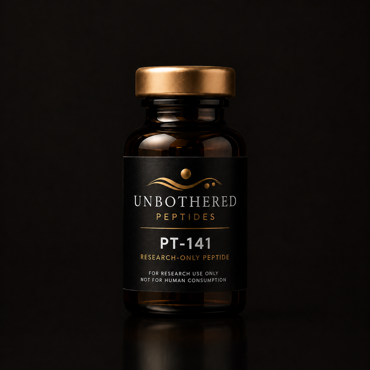 Unbothered Peptides PT-141 10mg research peptide in an amber glass vial with a matte black label and gold cap on a black studio background. Research use only.