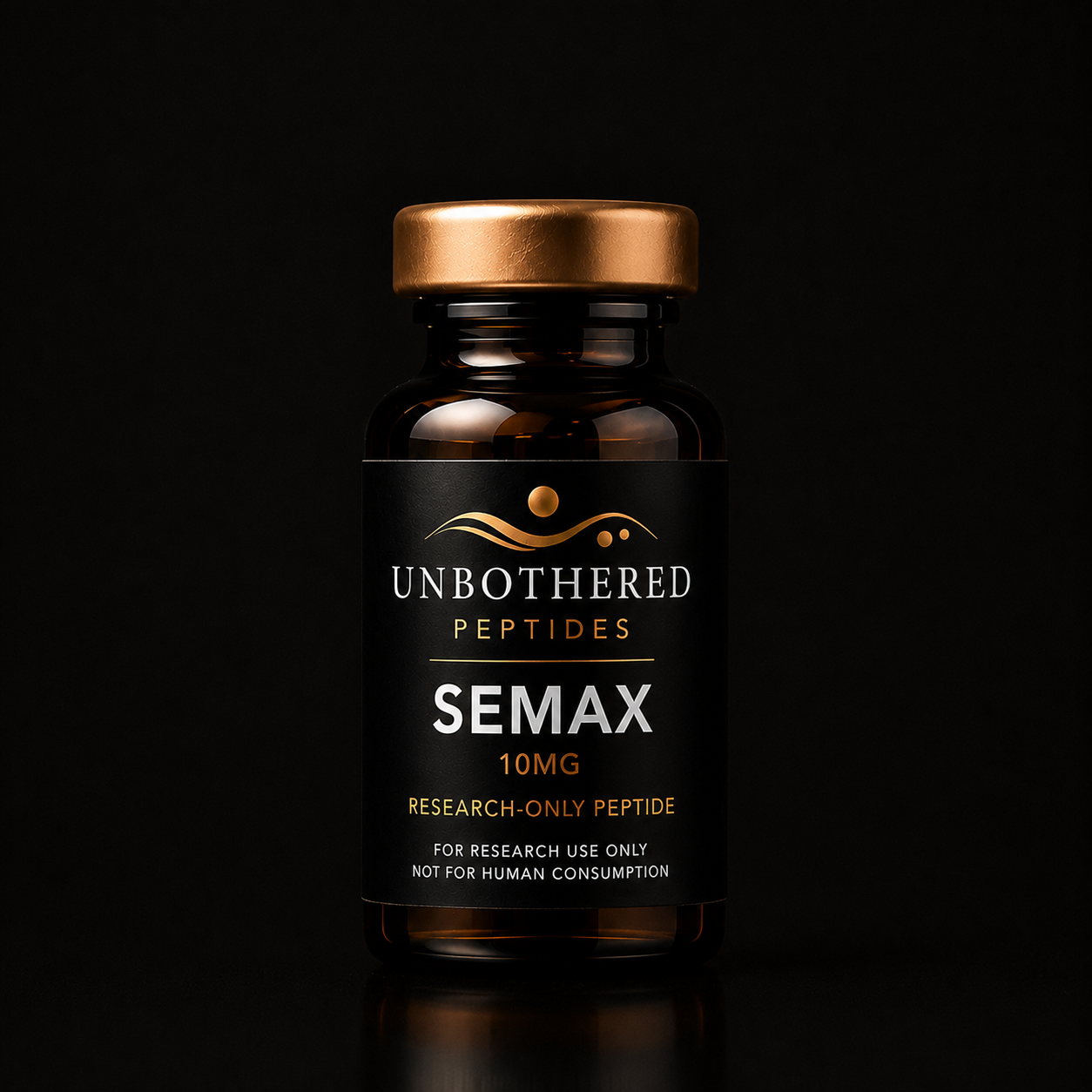 Unbothered Peptides Semax 10mg research peptide in an amber glass vial with a matte black label, gold cap, and black luxury studio background.