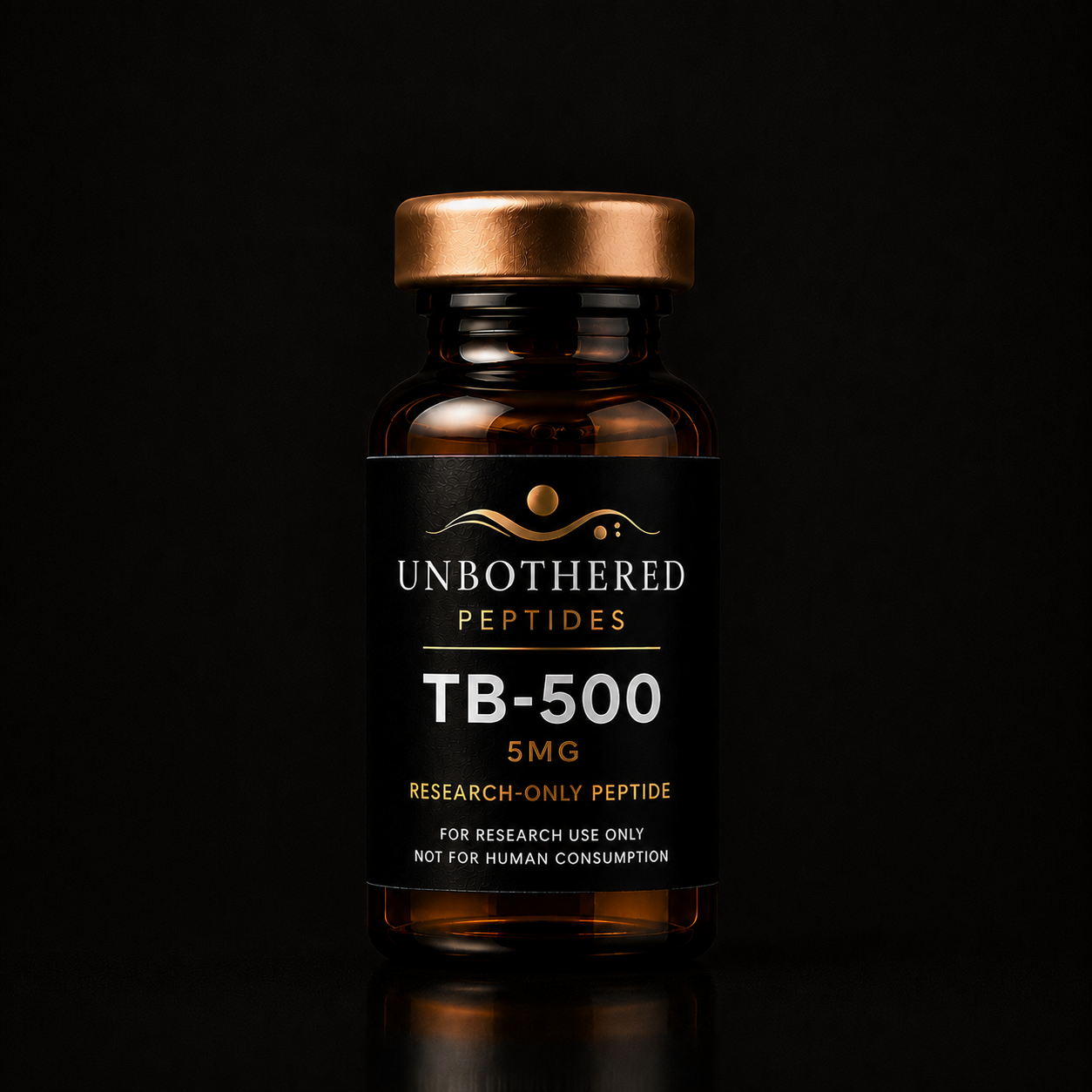 Unbothered Peptides TB-500 10mg research peptide in an amber glass vial with a matte black label, gold cap, and black luxury studio background.