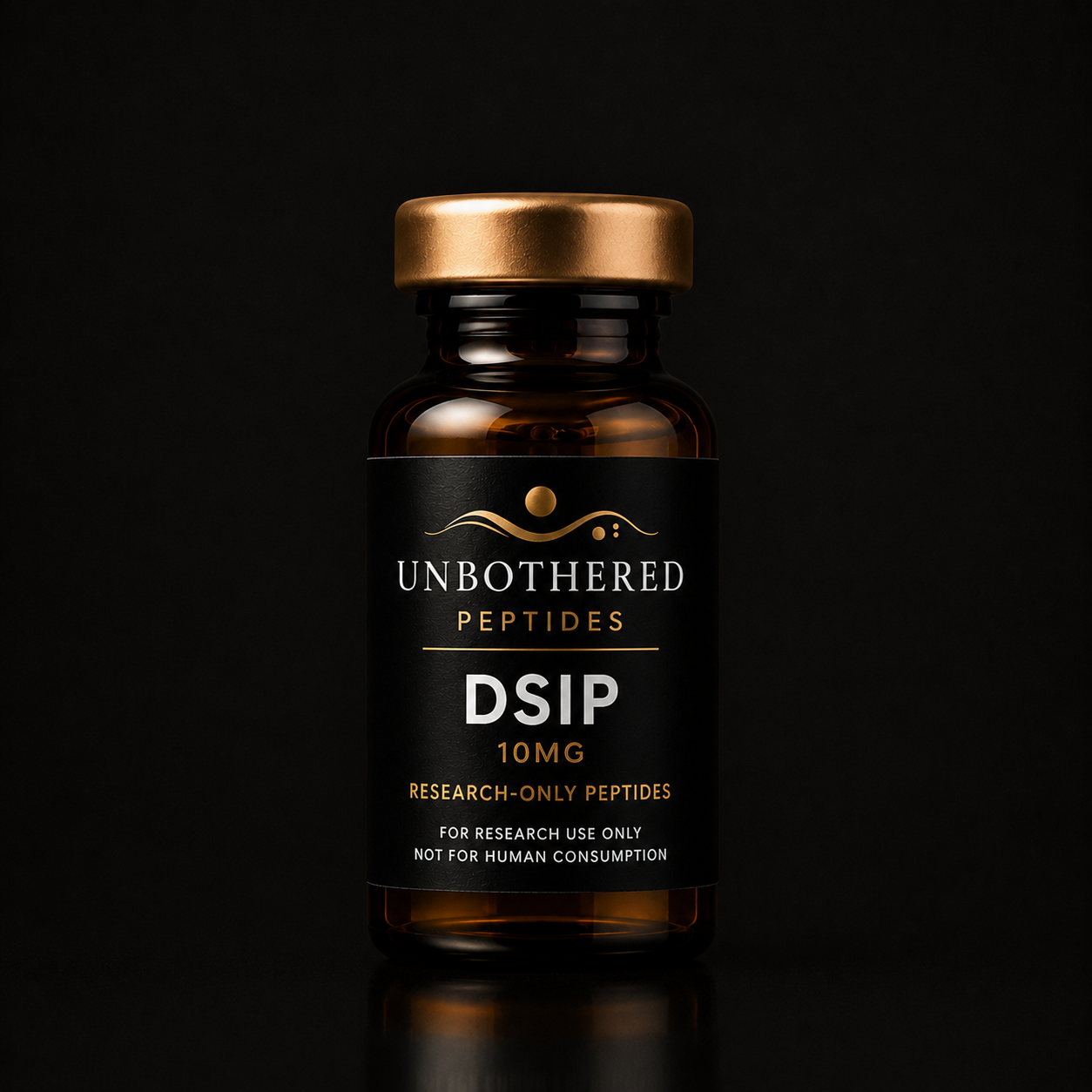 Unbothered Peptides DSIP 10mg research peptide in an amber glass vial with a matte black label, gold cap, and black luxury studio background.