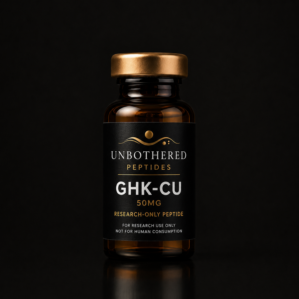 Unbothered Peptides GHK-CU 10mg research peptide in an amber glass vial with a matte black label, gold cap, and black luxury studio background.