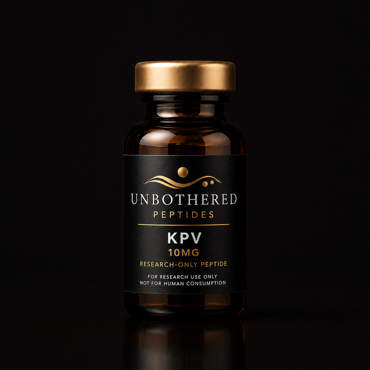 Unbothered Peptides KPV 10mg research peptide in an amber glass vial with a matte black label, gold cap, and black luxury studio background.