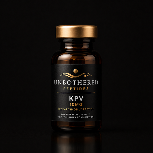Unbothered Peptides KPV 10mg research peptide in an amber glass vial with a matte black label, gold cap, and black luxury studio background.