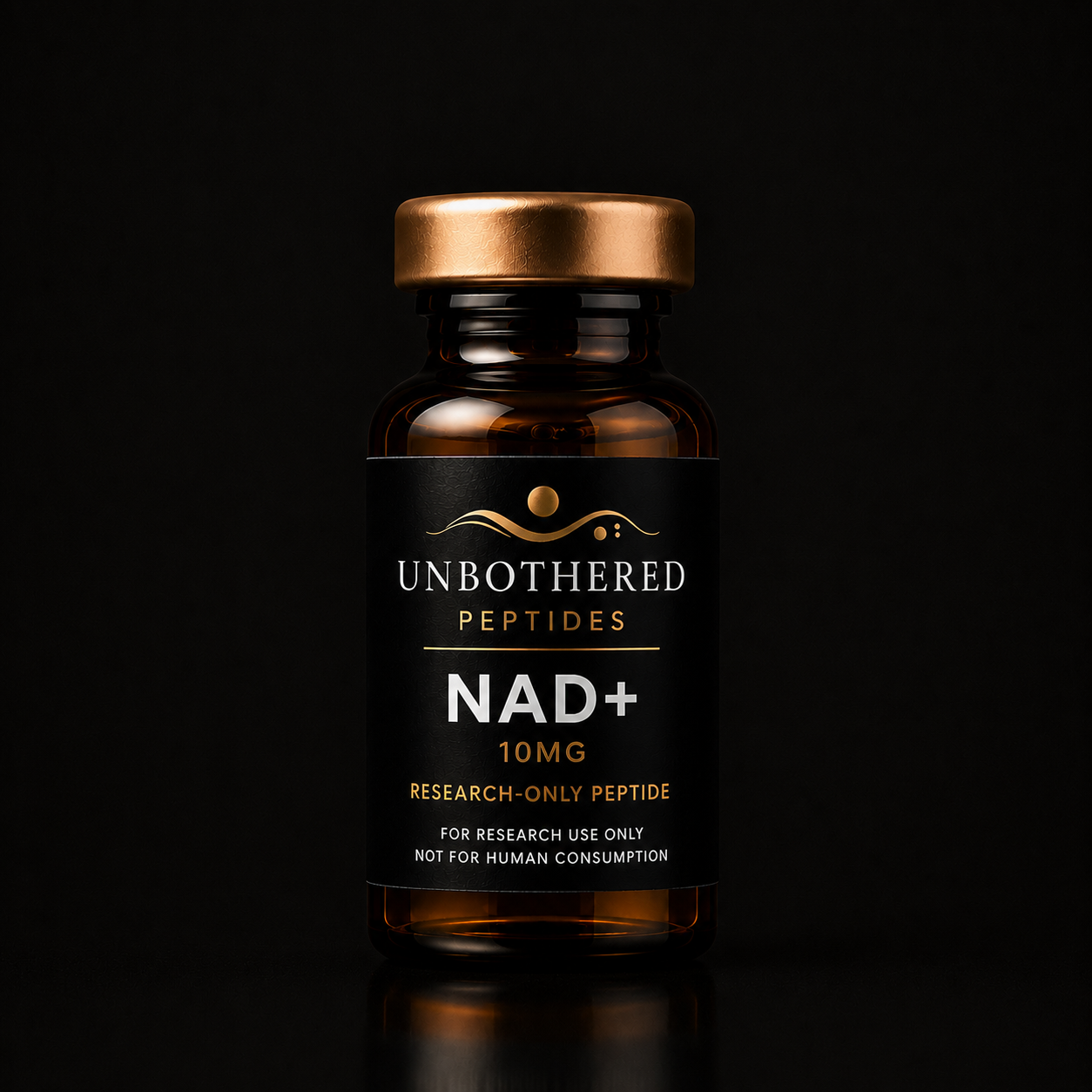 Unbothered Peptides NAD+ 500mg research peptide in an amber glass vial with a matte black label, gold cap, and black luxury studio background.
