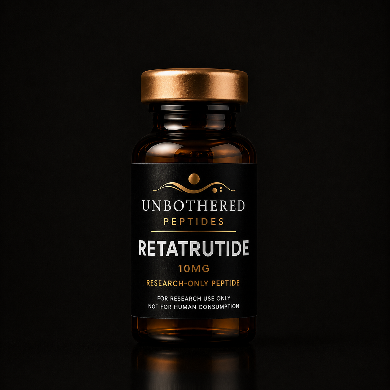Unbothered Peptides Retatrutide 10mg research peptide in an amber glass vial with a matte black label, gold cap, and black luxury studio background.