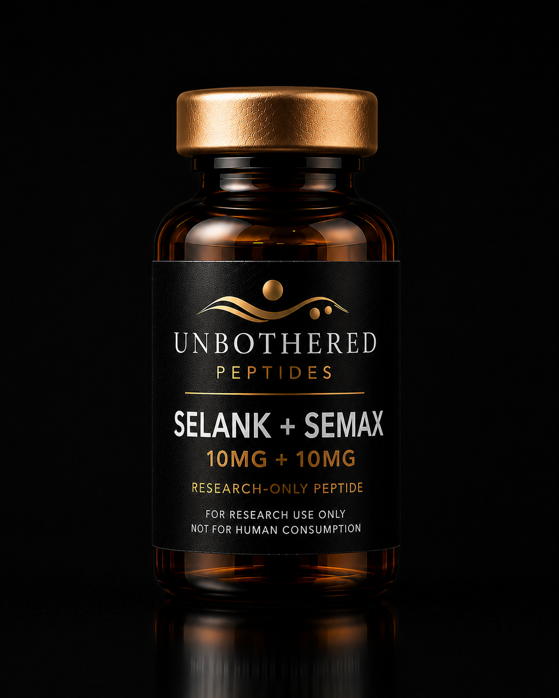 Unbothered Peptides Selank + Semax 10mg + 10mg research peptide in an amber glass vial with a matte black label, gold cap, and black luxury studio background.