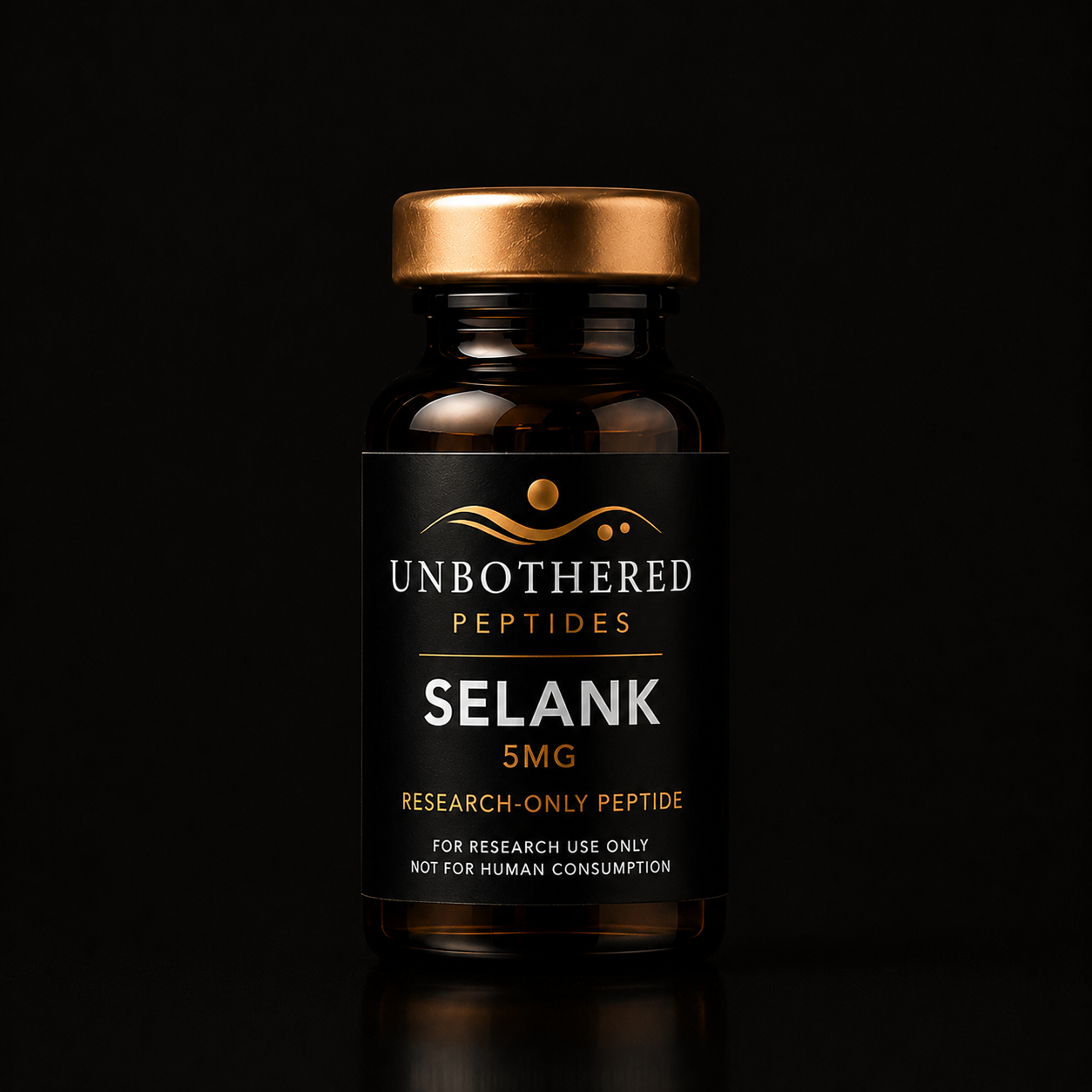 Unbothered Peptides Selank 10mg research peptide in an amber glass vial with a matte black label, gold cap, and black luxury studio background.