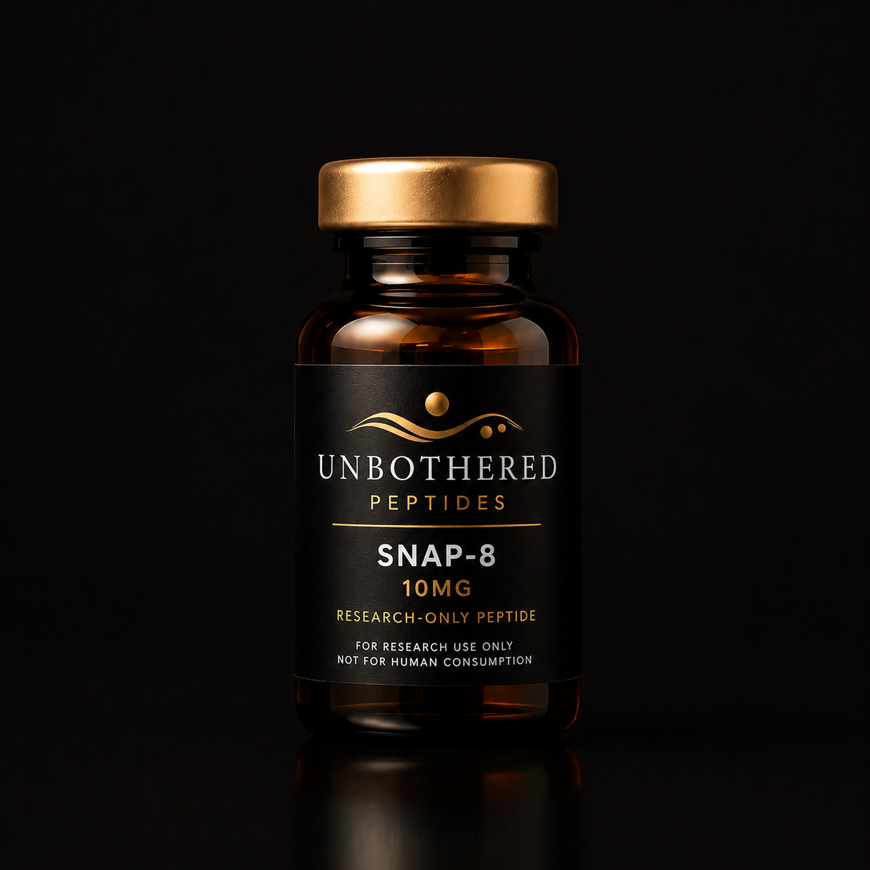 Unbothered Peptides SNAP-8 10mg research peptide in an amber glass vial with a matte black label, gold cap, and black luxury studio background.